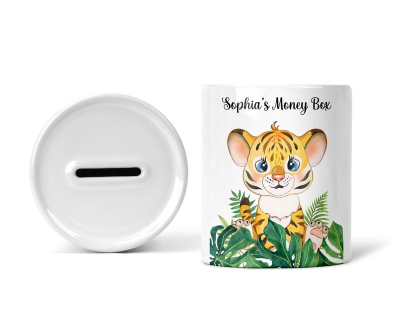 Personalised Children's Tiger Money Box shown as a ceramic keepsake