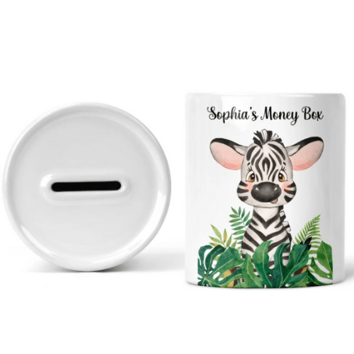 Personalised Children's Zebra Money Box shown as a ceramic keepsake