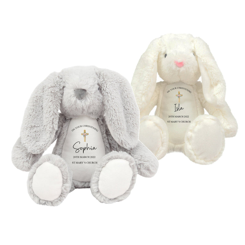 Personalised Grey Bunny Rabbit Cross Christening Soft Toy with Name and Date showing cross Christening