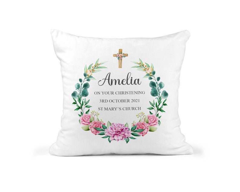 Personalised Floral Cross Christening Cushion showing a christening keepsake design front view