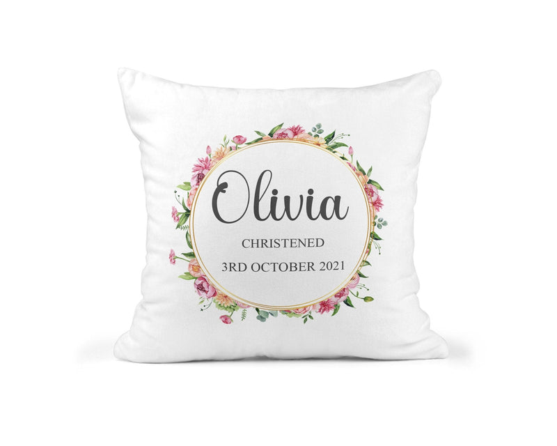 Personalised Gold Floral Christening Cushion showing a christening keepsake design front view