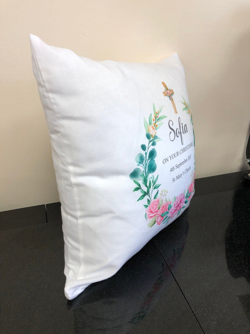 Personalised Floral Cross Christening Cushion showing a christening keepsake design styled view