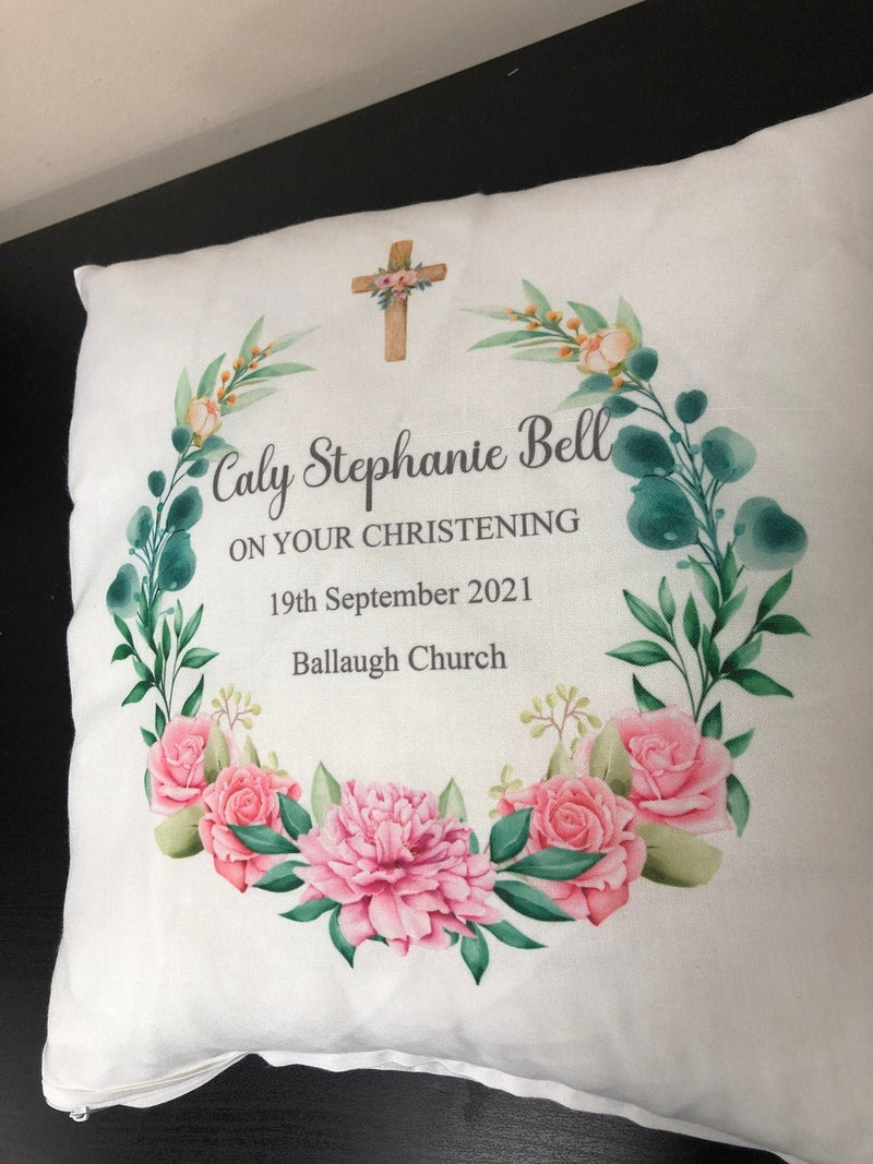 Personalised Floral Cross Christening Cushion showing a christening keepsake design personalisation view