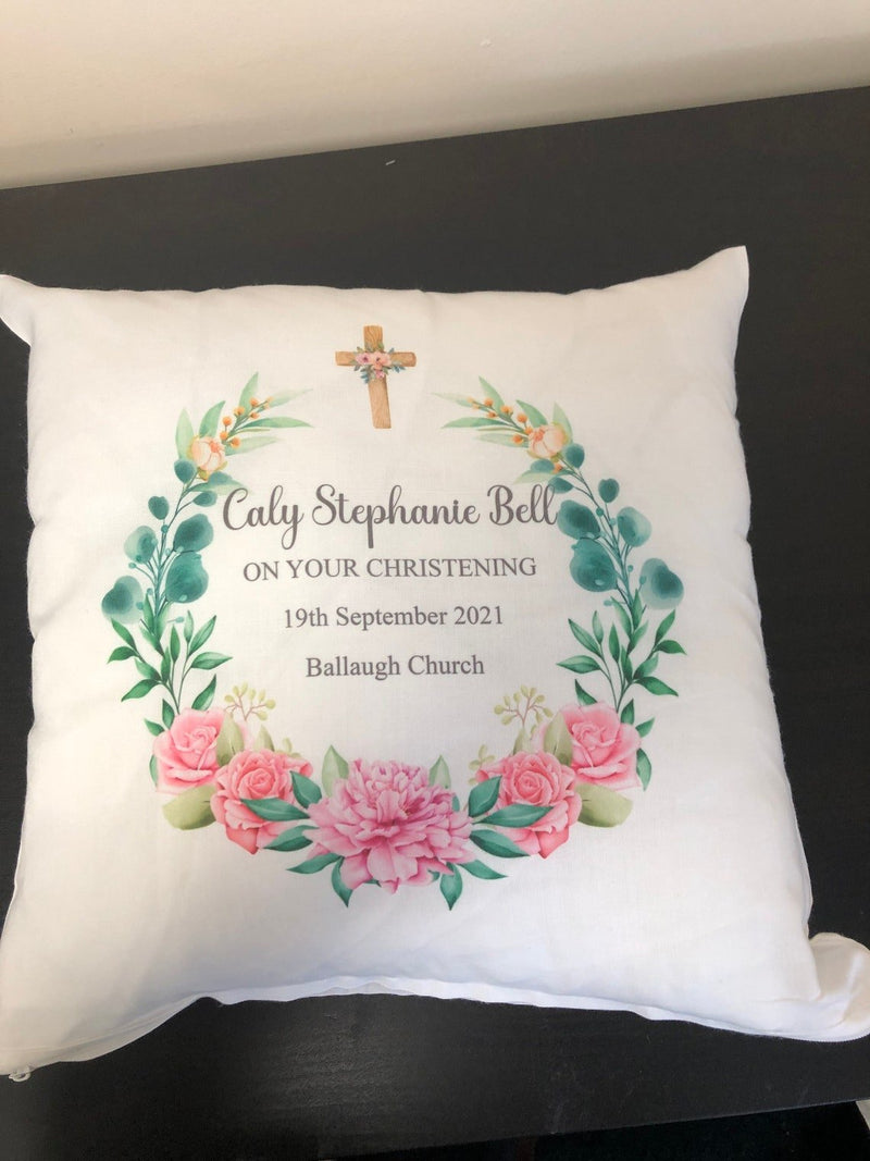 Personalised Floral Cross Christening Cushion showing a christening keepsake design alternate view