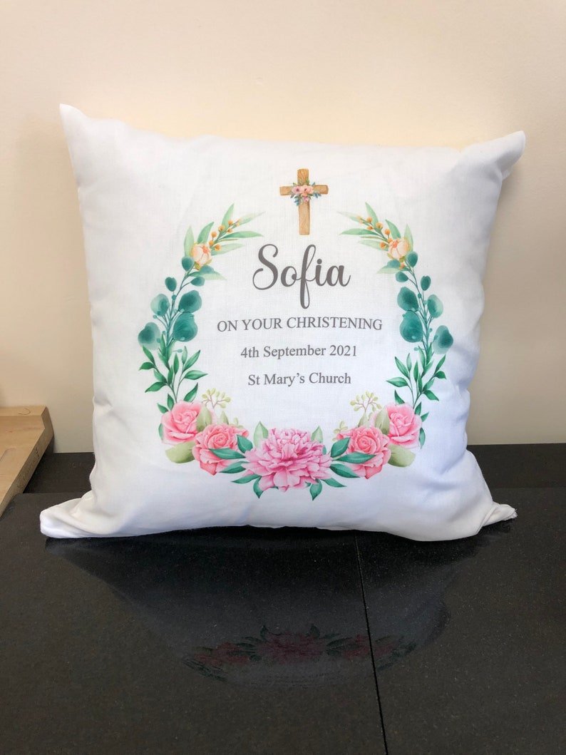 Personalised Floral Cross Christening Cushion showing a christening keepsake design detail view