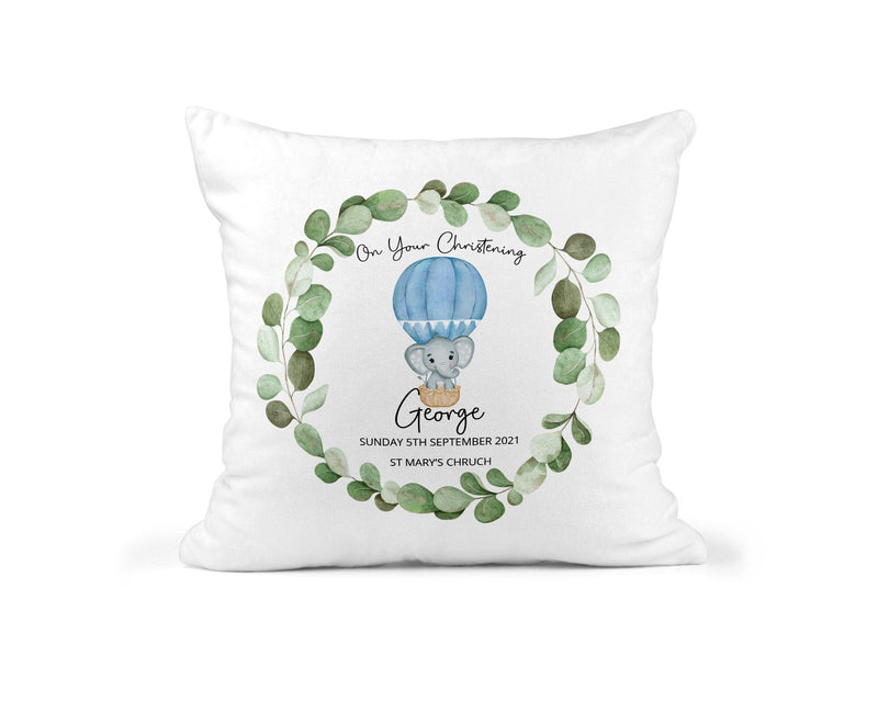Personalised Blue Balloon Christening Cushion showing hot air balloon artwork front view