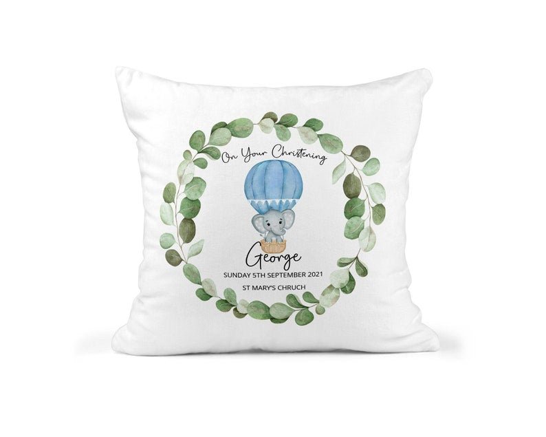 Personalised Blue Balloon Christening Cushion showing hot air balloon artwork front view