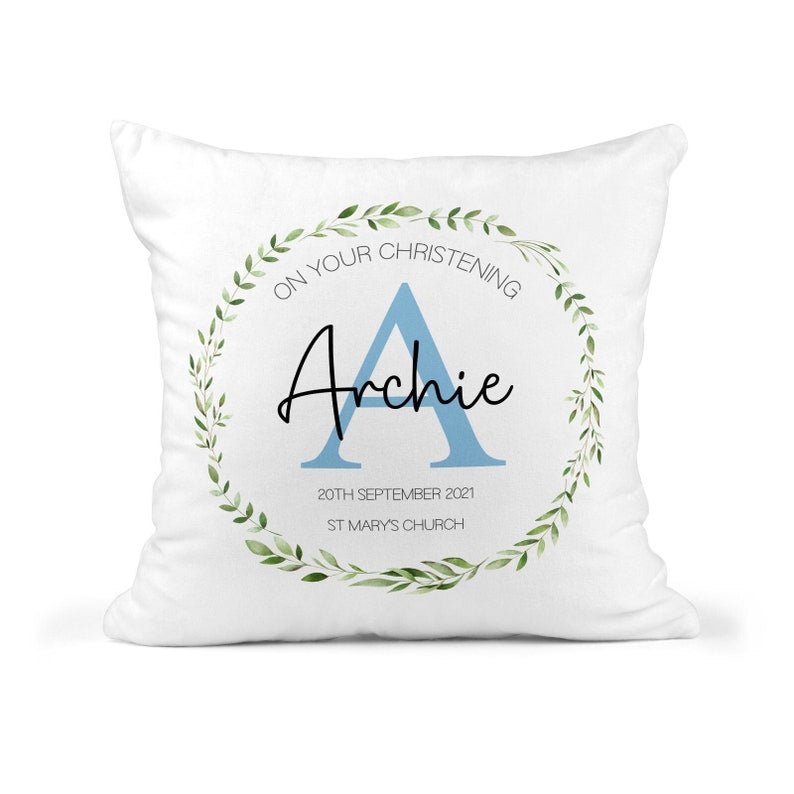 Personalised Blue Initial Christening Cushion showing a christening keepsake design front view