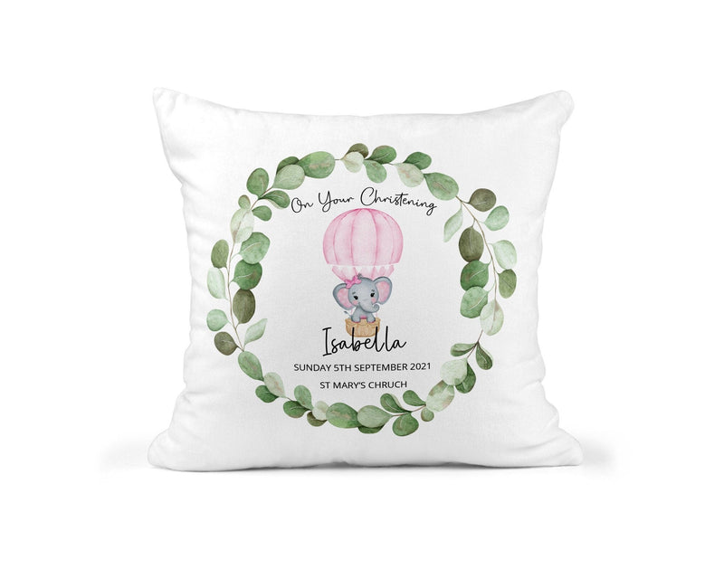 Personalised Pink Balloon Christening Cushion showing hot air balloon artwork front view