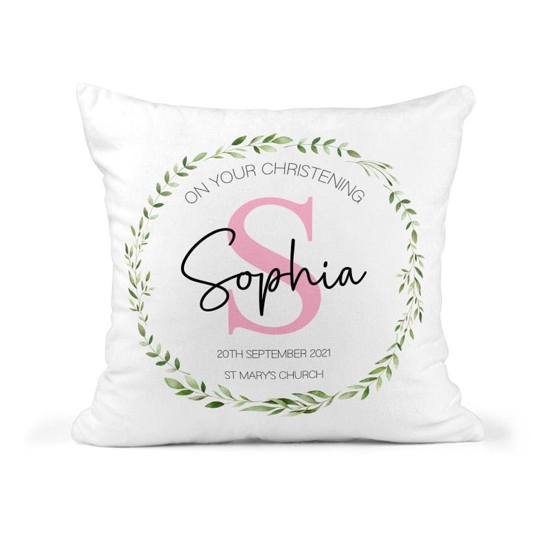 Personalised Pink Initial Christening Cushion showing a christening keepsake design front view