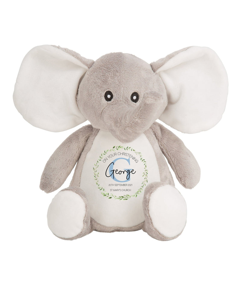 Personalised Blue Elephant Christening Soft Toy with Initial Design showing initial