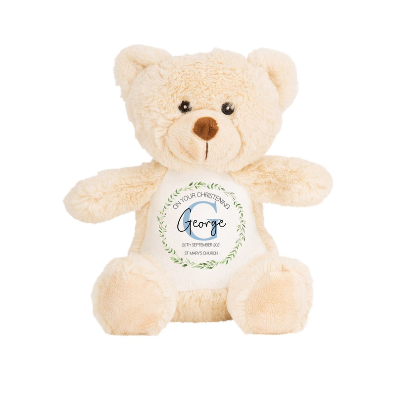 Personalised Teddy Bear Christening Soft Toy with Initial Design showing initial