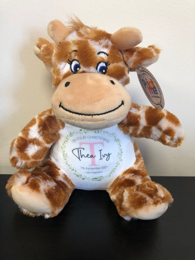 Personalised Pink Giraffe Christening Soft Toy with Initial Design showing initial