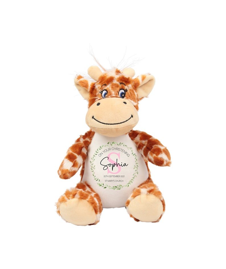 Personalised Pink Giraffe Christening Soft Toy with Initial Design showing initial