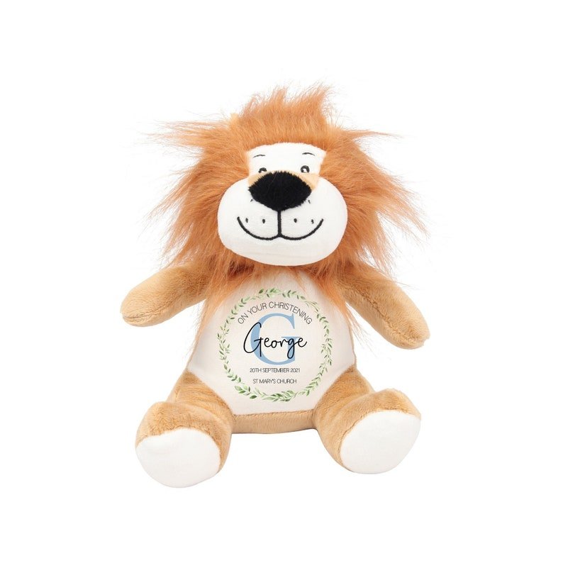 Personalised Blue Lion Christening Soft Toy with Name showing initial