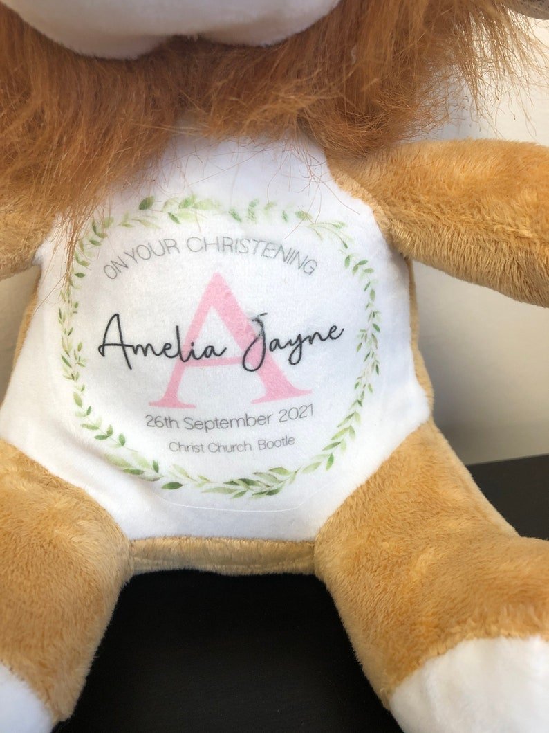 Personalised Blue Lion Christening Soft Toy with Name showing initial