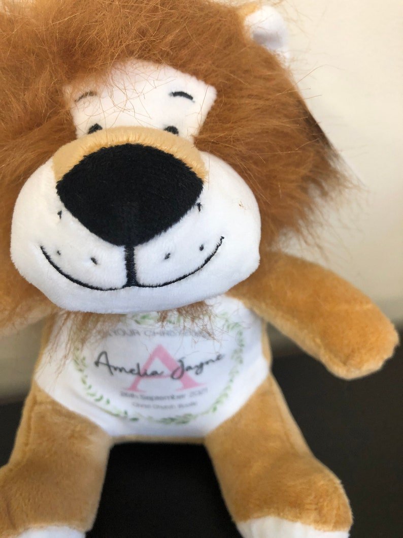 Personalised Blue Lion Christening Soft Toy with Name showing initial