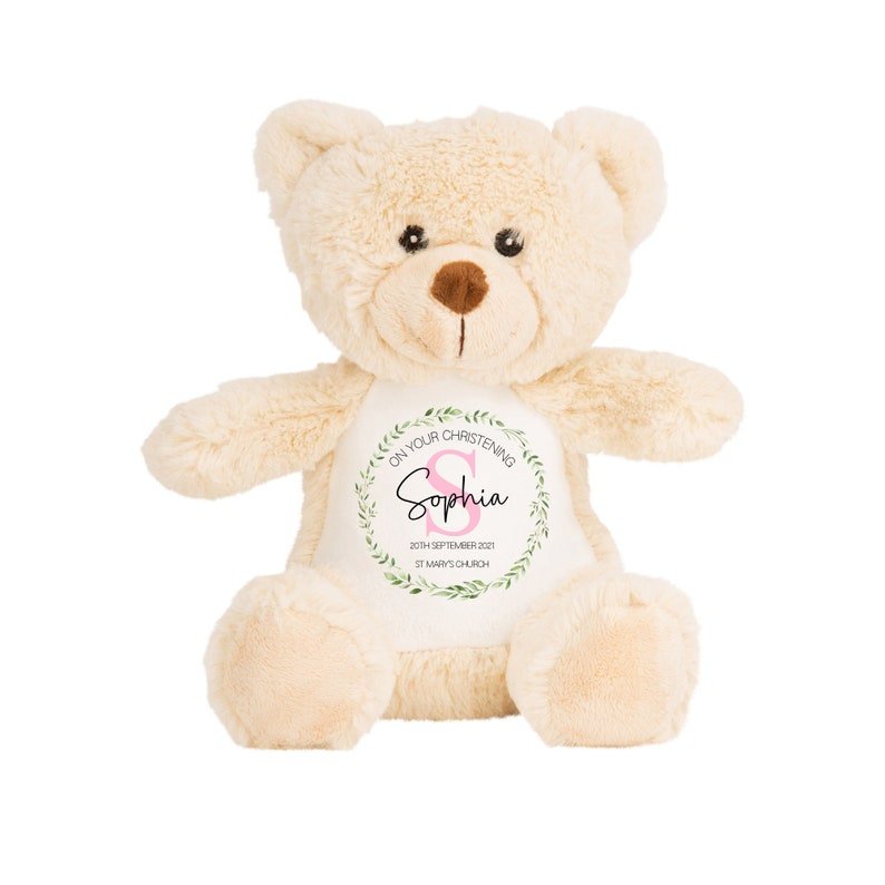 Personalised Teddy Bear Christening Soft Toy with Initial Design showing initial
