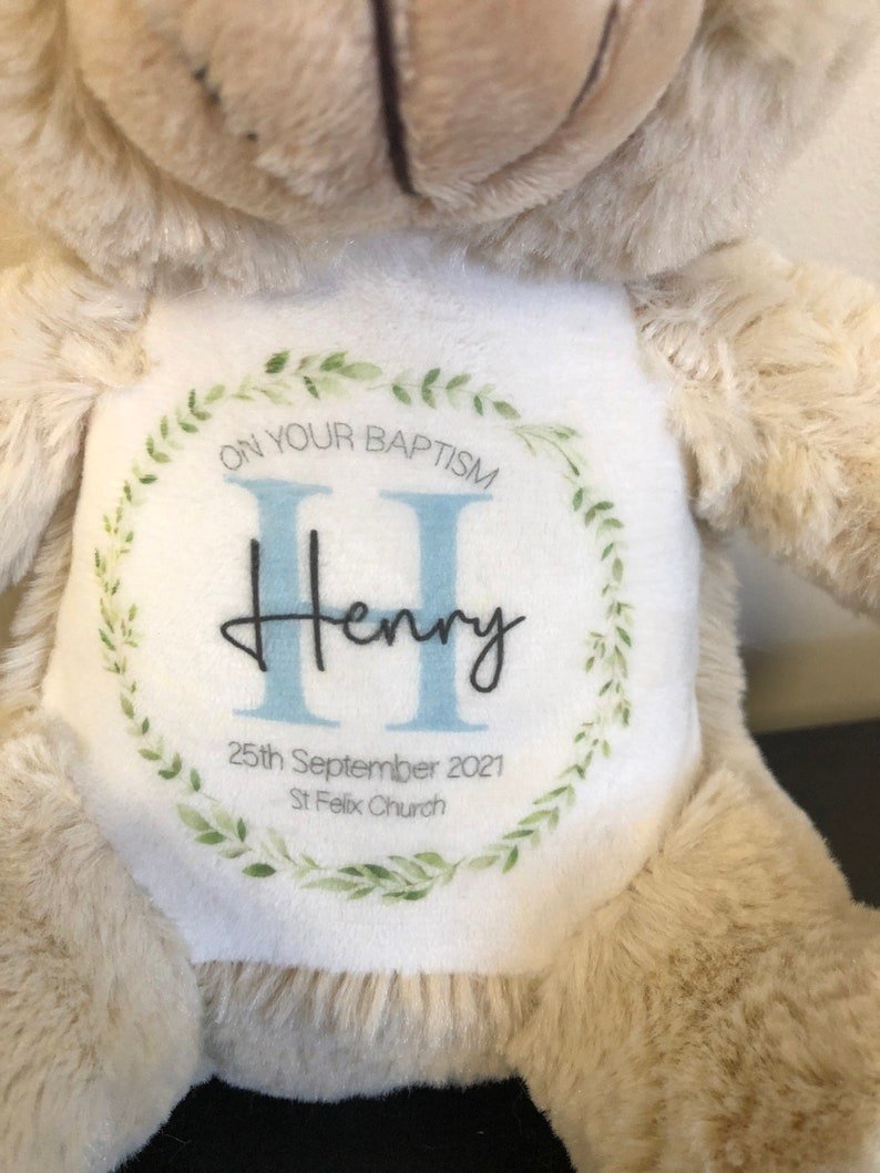 Personalised Teddy Bear Christening Soft Toy with Initial Design showing initial