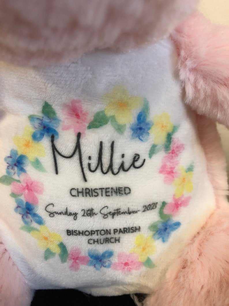 Personalised Unicorn Floral Christening Soft Toy with Name showing floral Christening