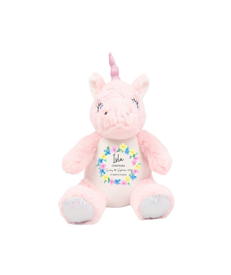Personalised Unicorn Floral Christening Soft Toy with Name showing floral Christening