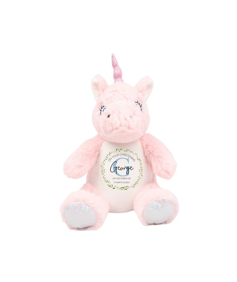 Personalised Blue Unicorn Christening Soft Toy with Initial Design showing initial