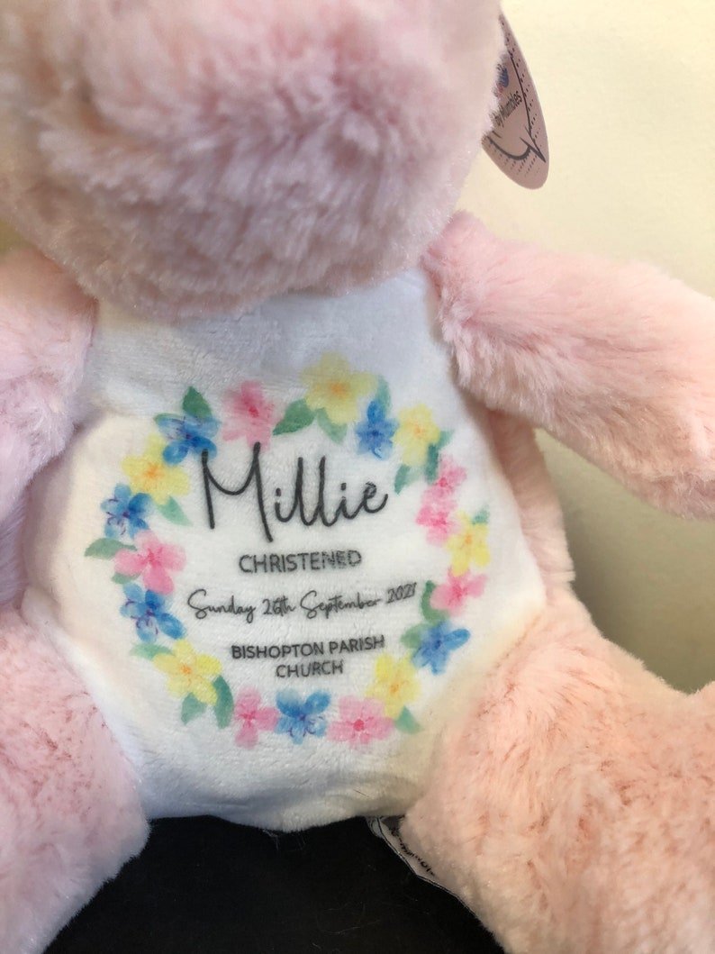 Personalised Unicorn Floral Christening Soft Toy with Name showing floral Christening