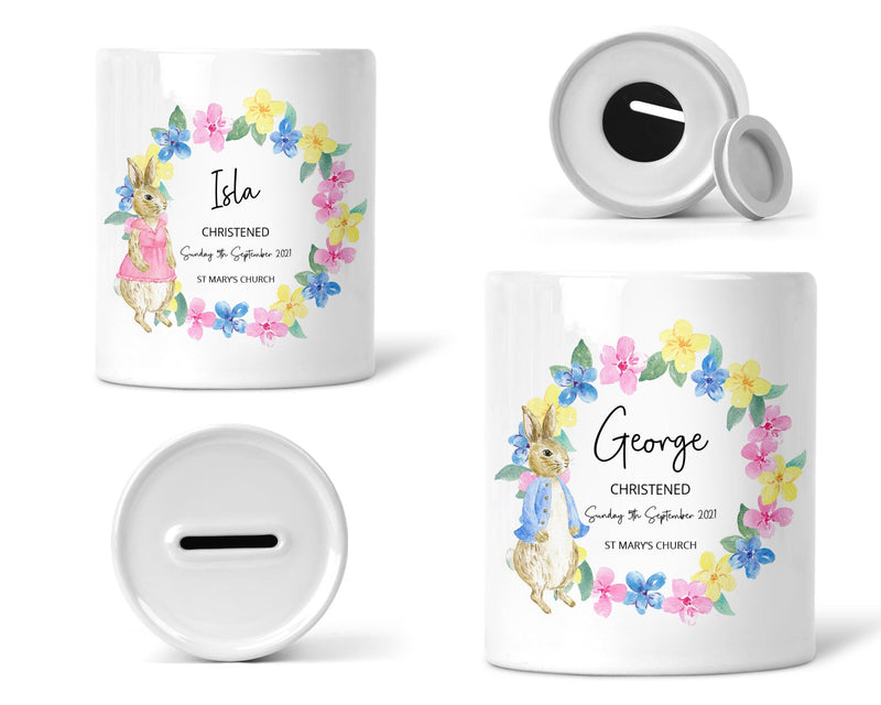 Personalised Bunny Christening Money Box shown as a ceramic keepsake