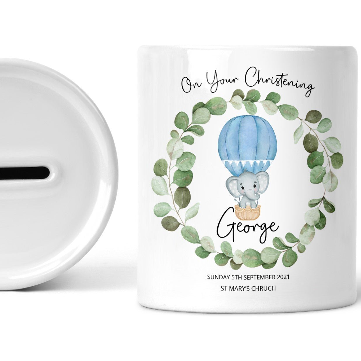 Personalised Christening Money Box, Blue Balloon with Elephant, Boys - Chicken Craft Ltd