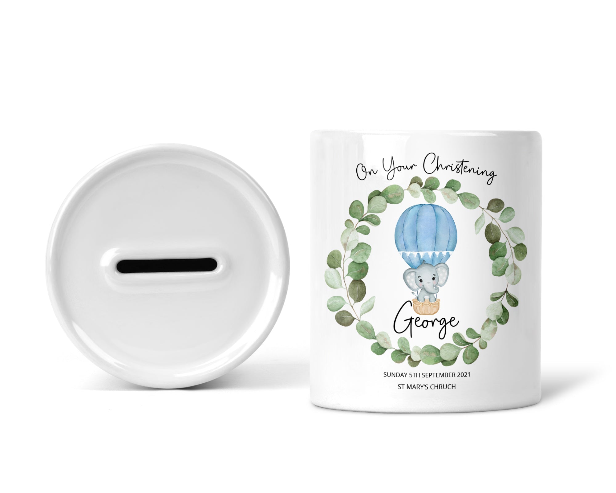 Personalised Christening Money Box, Blue Balloon with Elephant, Boys - Chicken Craft Ltd