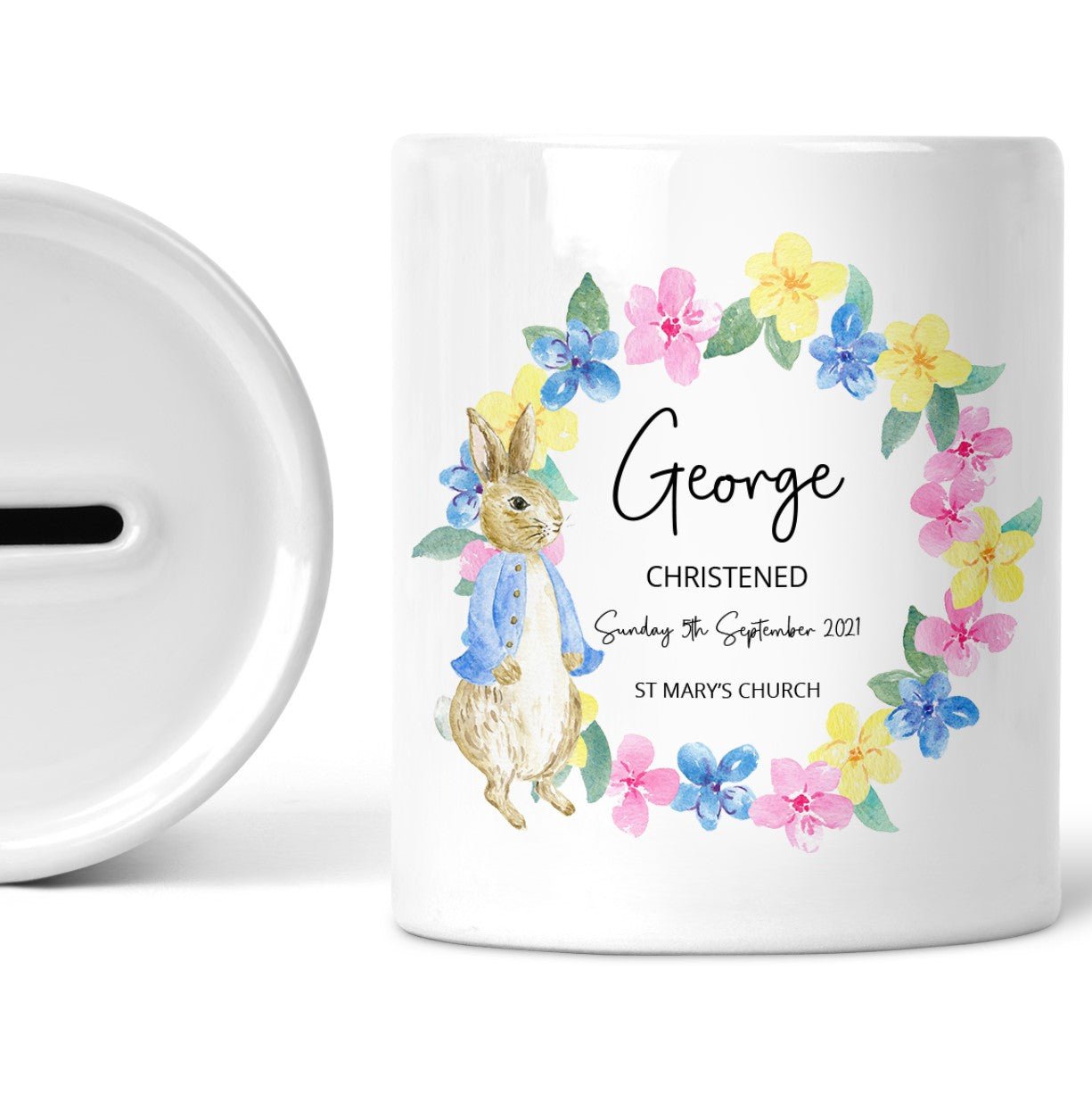 Personalised Christening Money Box, Blue Rabbit, Boys - Chicken Craft Ltd