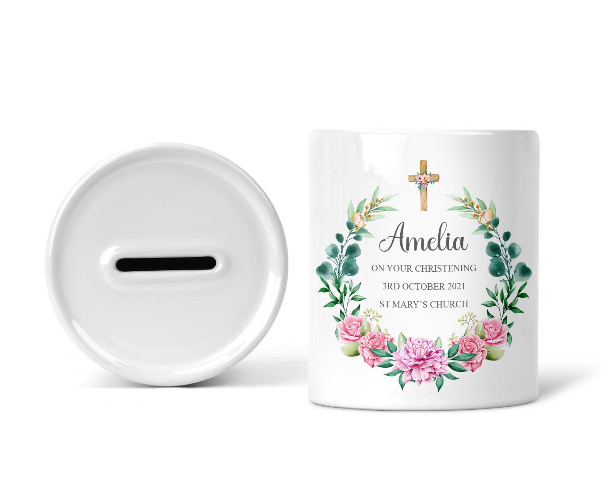 Personalised Christening Money Box, Floral Cross, Girls - Chicken Craft Ltd