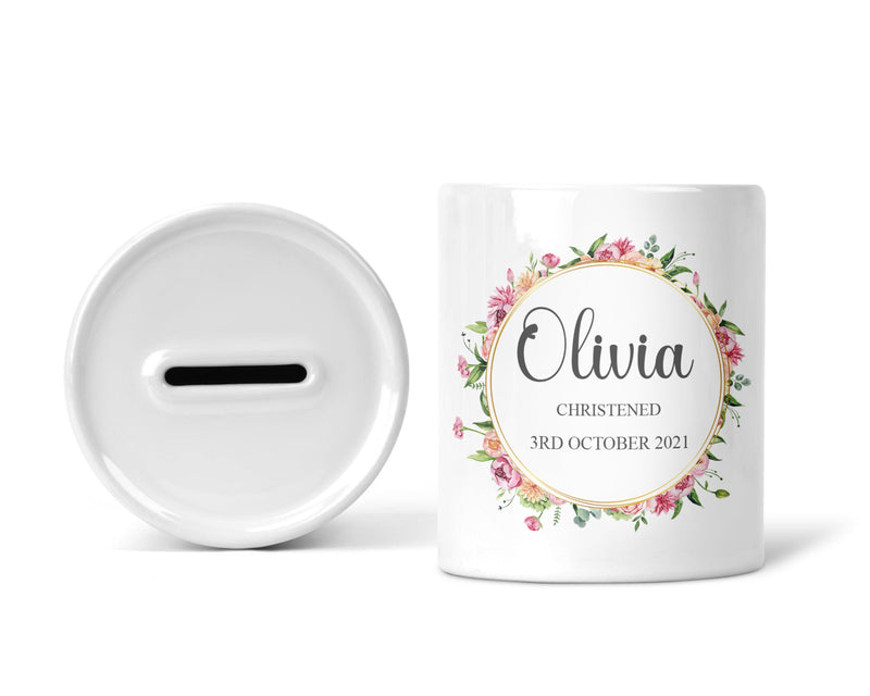 Personalised Christening Money Box, Gold Floral, Girls - Chicken Craft Ltd