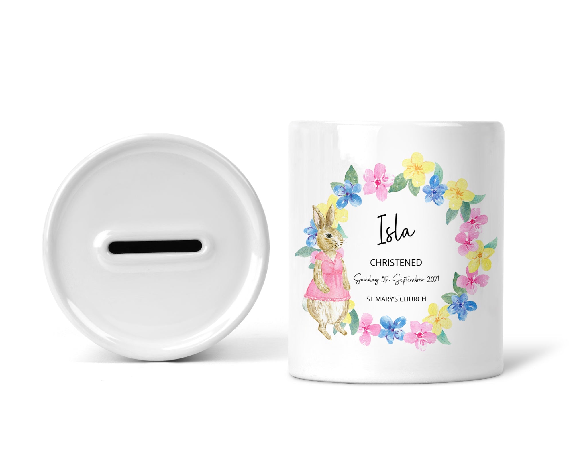 Personalised Christening Money Box, Pink Rabbit, Girls - Chicken Craft Ltd
