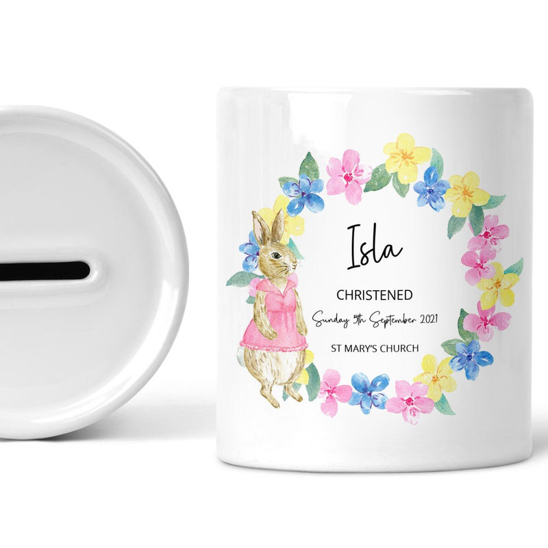 Personalised Pink Rabbit Christening Money Box shown as a ceramic keepsake