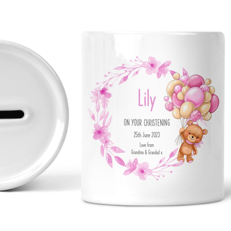 Personalised Teddy Balloon Christening Money Box shown as a ceramic keepsake