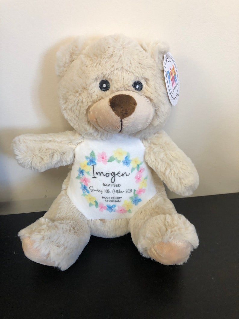 Personalised Teddy Bear Floral Christening Soft Toy with Name showing floral Christening