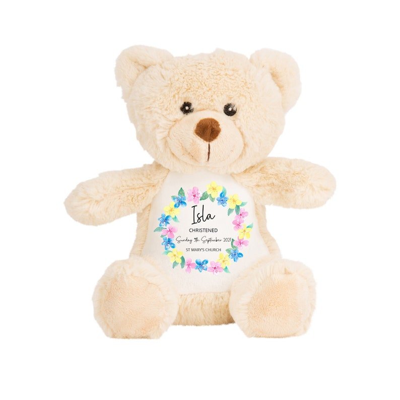 Personalised Teddy Bear Floral Christening Soft Toy with Name showing floral Christening