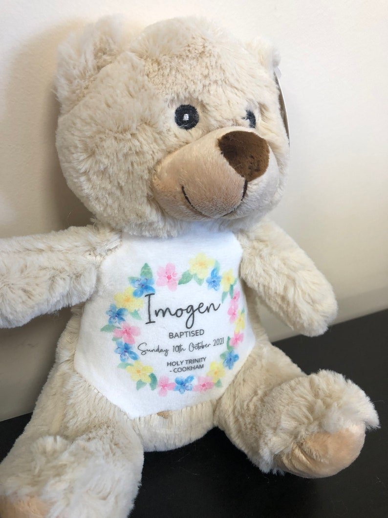 Personalised Teddy Bear Floral Christening Soft Toy with Name showing floral Christening