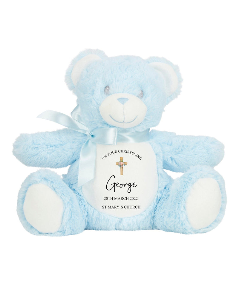 Personalised Blue Teddy Bear Cross Christening Soft Toy with Name and Date showing cross Christening