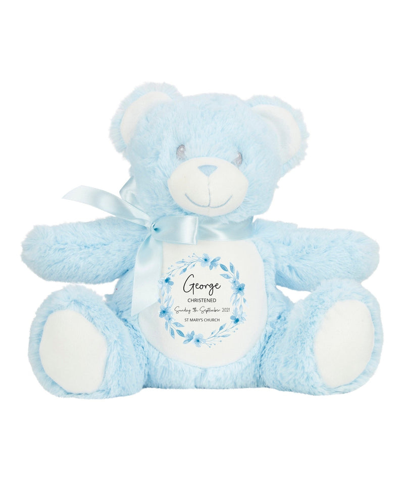 Personalised Blue Teddy Bear Floral Christening Soft Toy showing floral Christening
