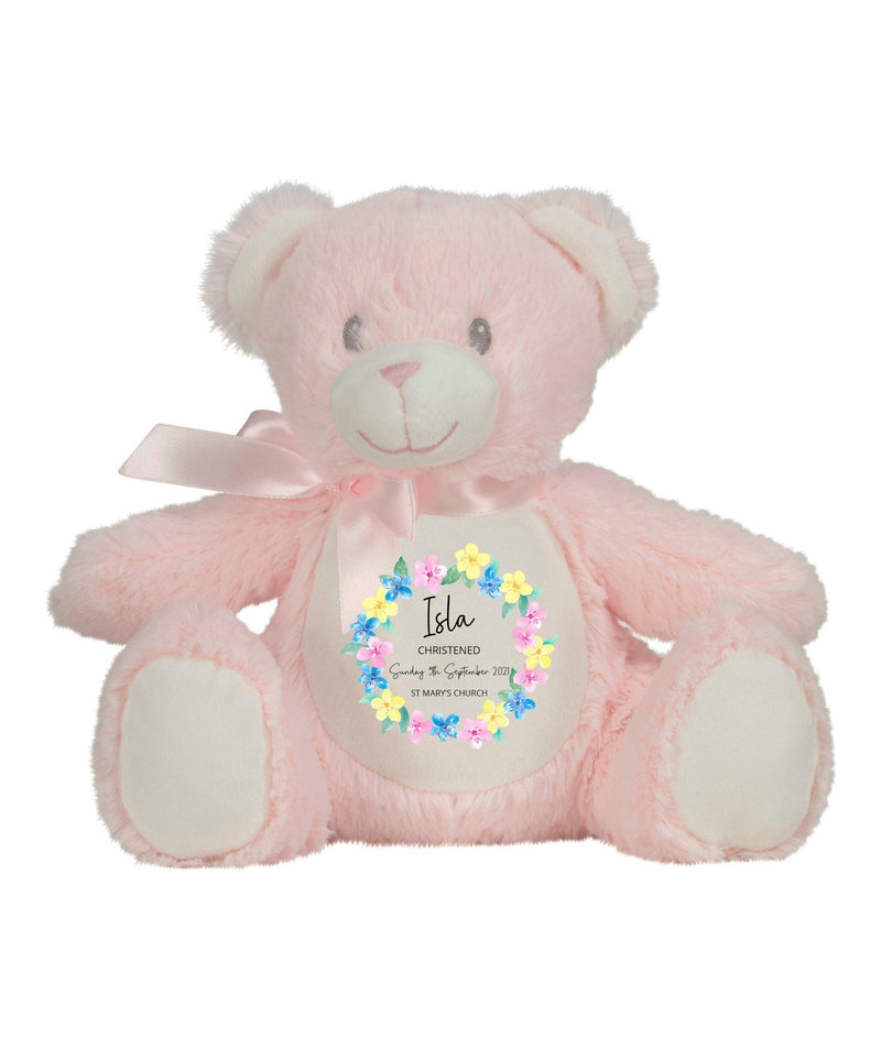Personalised Pink Teddy Bear Floral Christening Soft Toy showing floral Christening