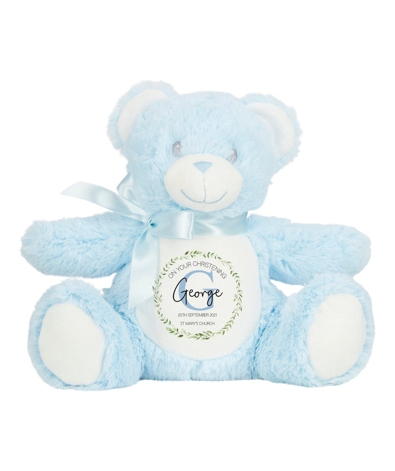 Personalised Blue Teddy Bear Christening Soft Toy with Initial Design showing initial