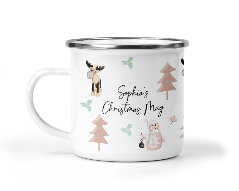 Personalised Kids Christmas Enamel Mug with Name shown with printed design