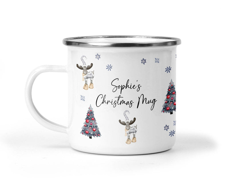 Personalised Christmas Hot Chocolate Enamel Mug with Name shown with printed design
