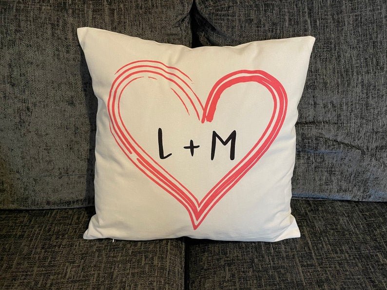 Personalised Couples Initials Heart Cushion showing a new home design detail view