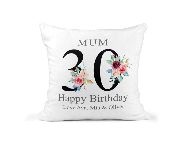 Personalised Mum 30th Birthday Cushion with Names showing a floral milestone design front view