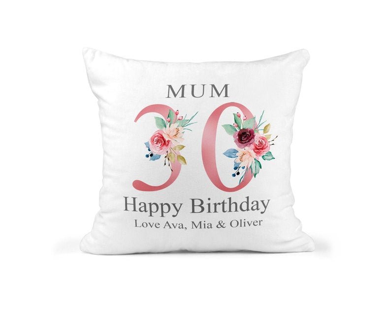Personalised Mum 30th Birthday Cushion with Names showing a floral milestone design front view