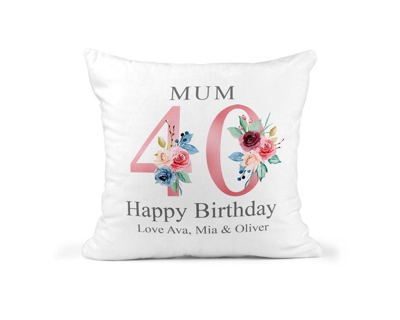 Personalised Mum 40th Birthday Cushion with Names showing a floral milestone design front view