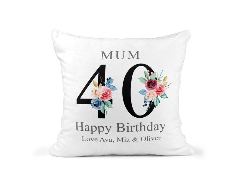 Personalised Mum 40th Birthday Cushion with Names showing a floral milestone design front view